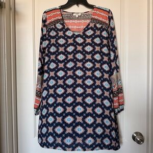 Umgee Patterned Blue and Peach Women's tunic blouse, boho, coastal, cottagecore